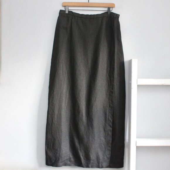Eileen Fisher Vintage Black Linen Wrap Maxi Skirt Size Large - Picture 1 of 8